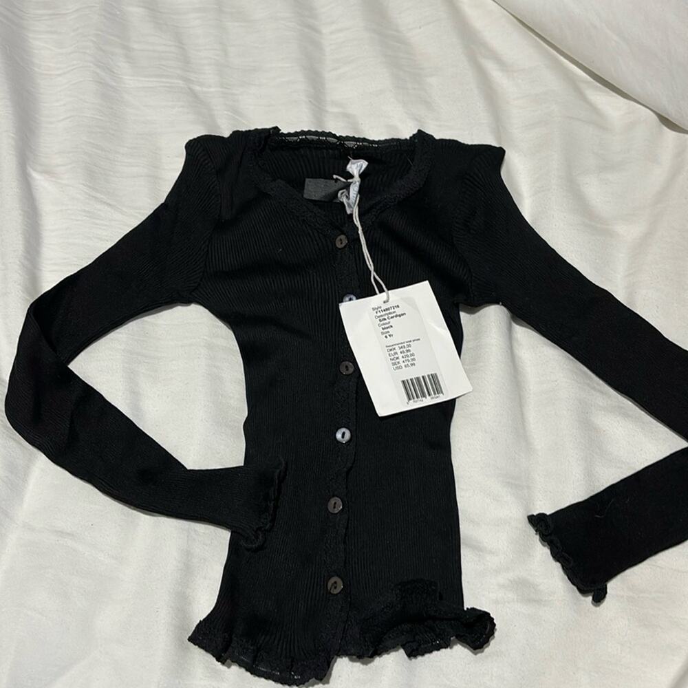 Wheat 6 black 💯 silk cardigan lace trim detail hearts nwt perfect unworn
